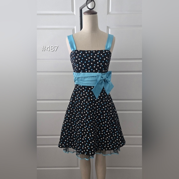 Black Polka Dot & Blue Satin Mini Sleeveless Formal Dress - Picture 1 of 6